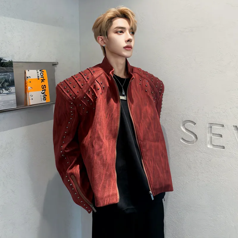 

Fall Season Punk Sle ort oulder Pad Leather Jaet Men's Model High-End ape Outerwear Korean Sle Zipper Closure Lon...