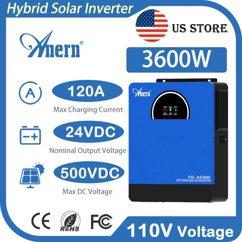 

Anern 3600W 24V Solar Inverter 110V Pure Sine Wave with 120A MPPT Charge Controller for Home RV Off-Grid Solar System US