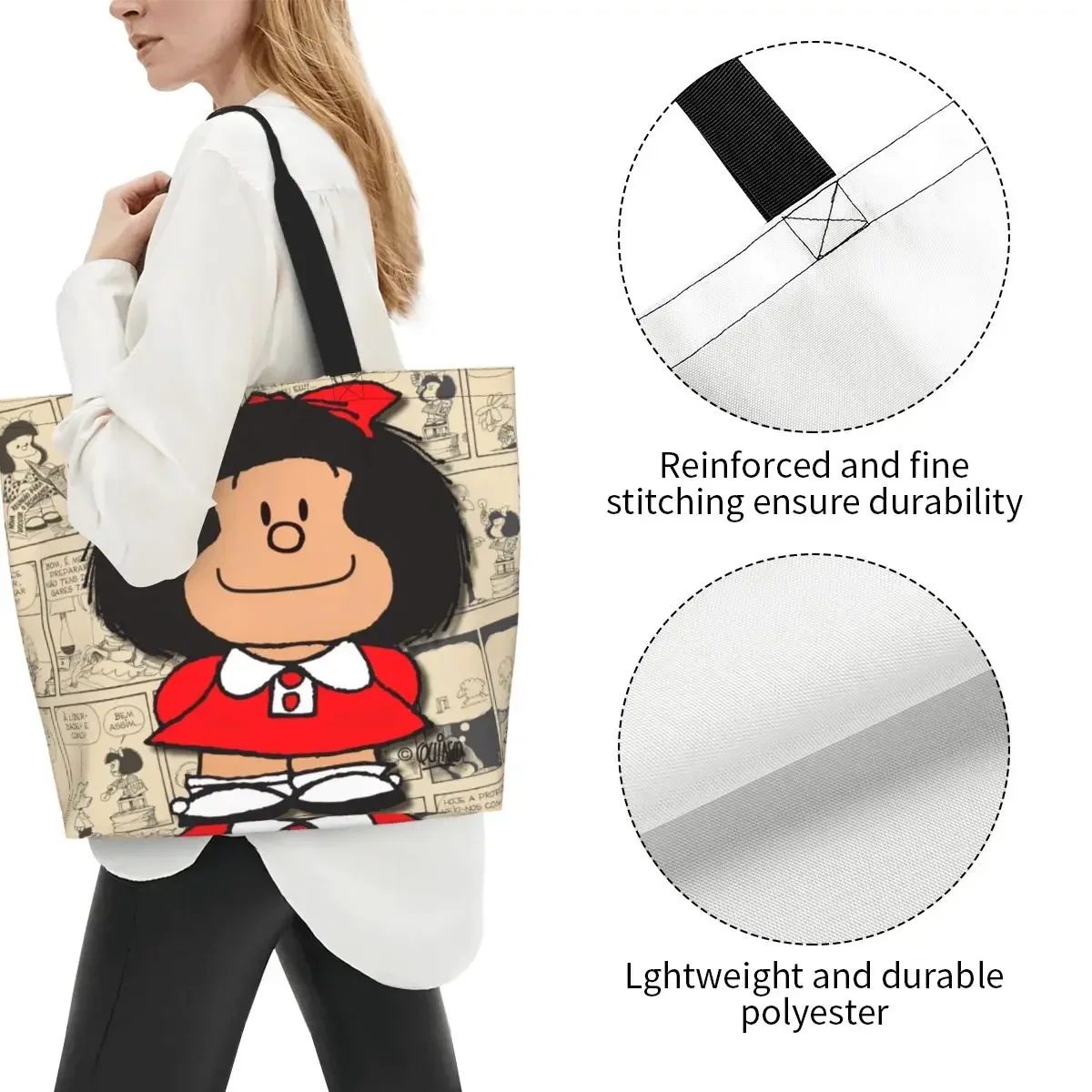 Mafalda Manga-Bolso de compras de lona Kawaii, bolsa de mano de gran capacidad, duradera, con dibujos animados