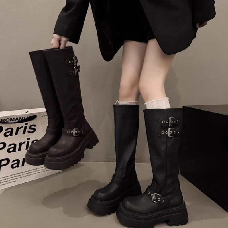 Women Chunky Platform Knee High Boots Smooth Matte Elastic Cross Strap Lug Sole Round Toe Goth Motorcycle Shoes Retro