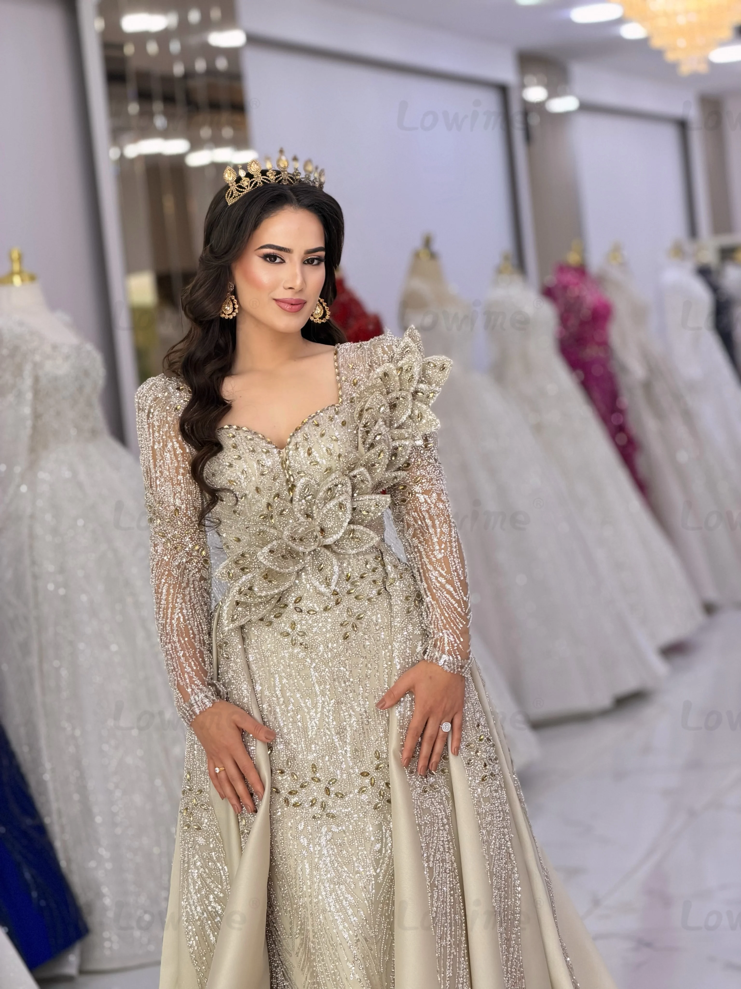

Women's Formal Long Sleeve Evening Dresses 2026 Customized With Detachable Overskirt Arabic Beaded Crystal Prom Dress Long Robe