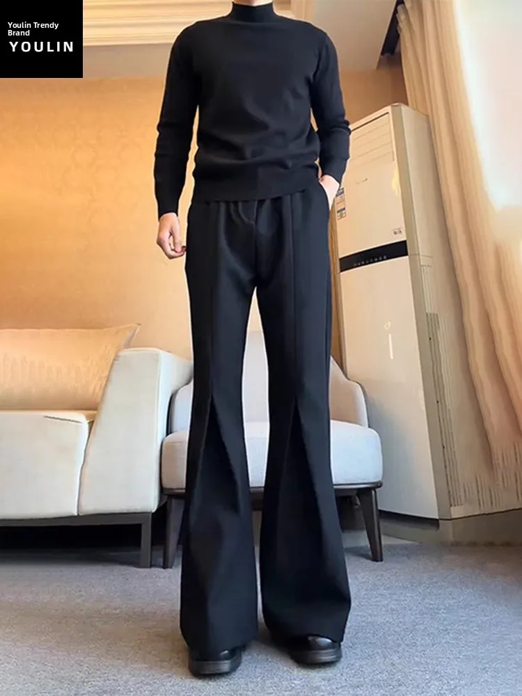 

Cleanfit Black Pleated Men's Dress Pants Drapey Slimming Effect Neapolitan Flared Pants Casual Wear Polyester Fiber