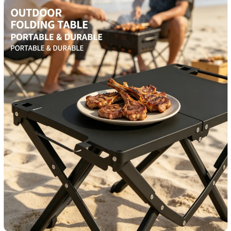 Portable Folding Beach Table Sand Friendly Hollow Edge with Hanging Hooks for Picnic BBQ Outdoor Camping Daily Use
