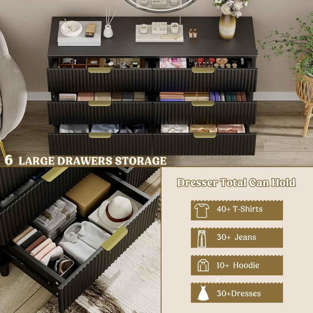 ตู้ลิ้นชักไม้ 6 ชั้น ลายร่องทันสมัย สำหรับห้องนอนและชั้นวางทีวี กว้าง 53.2 นิ้ว