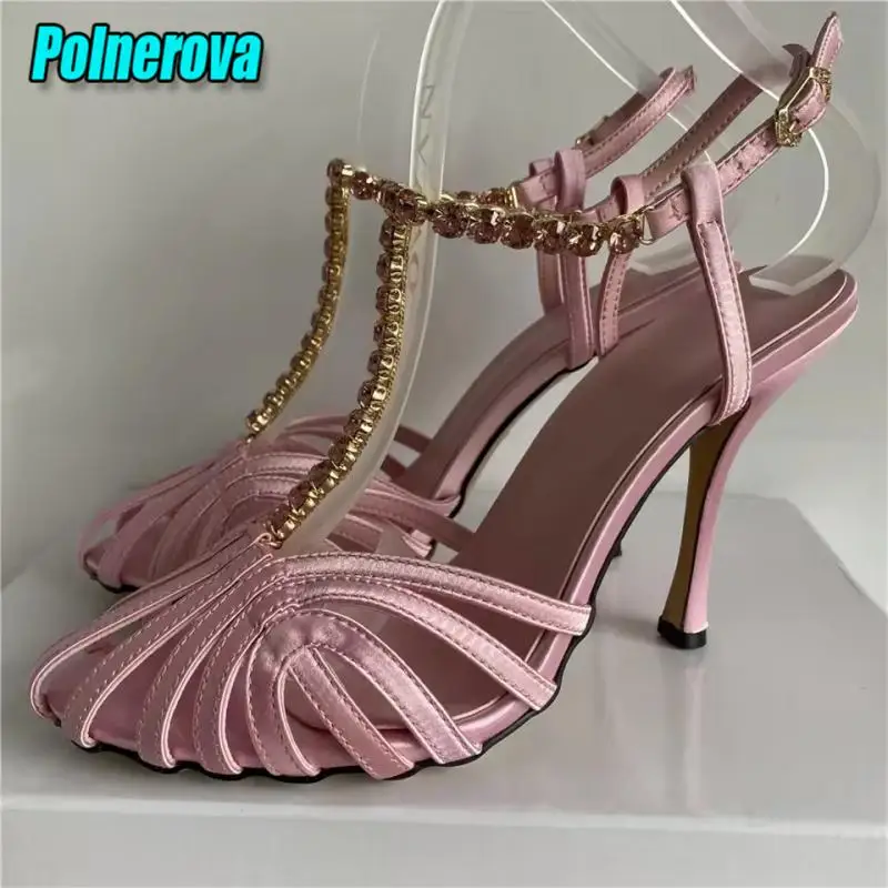 

Pink Satin Hollow Women Sandals Rhinestone Chain T-Strap High Heel Shoes Summer Sexy Ankle Buckle Party Banquet Stiletto Heels