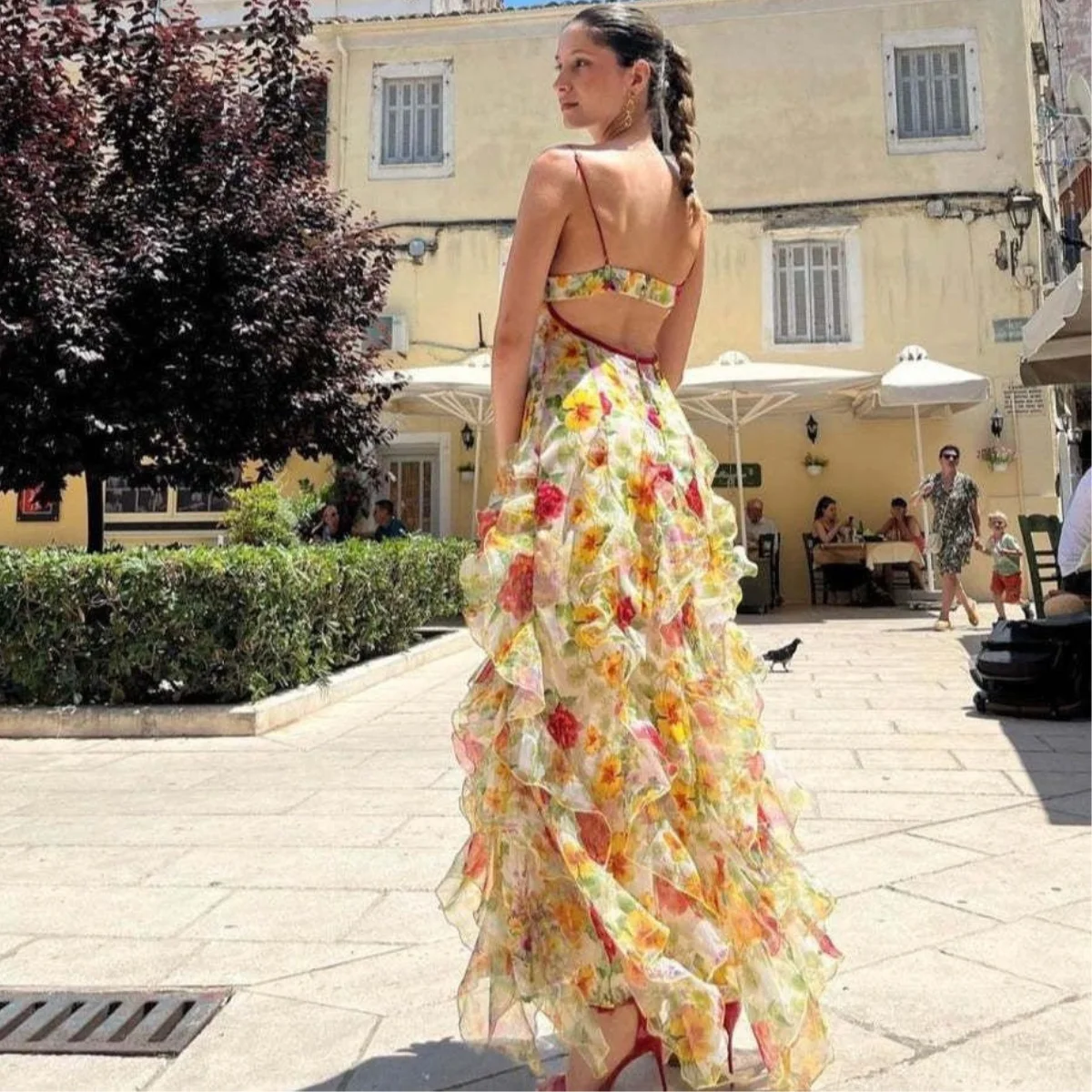 Vestido de verão estampado respirável sem costas vestidos longos femininos alças espaguete vestido de festa moda praia roupas de moda