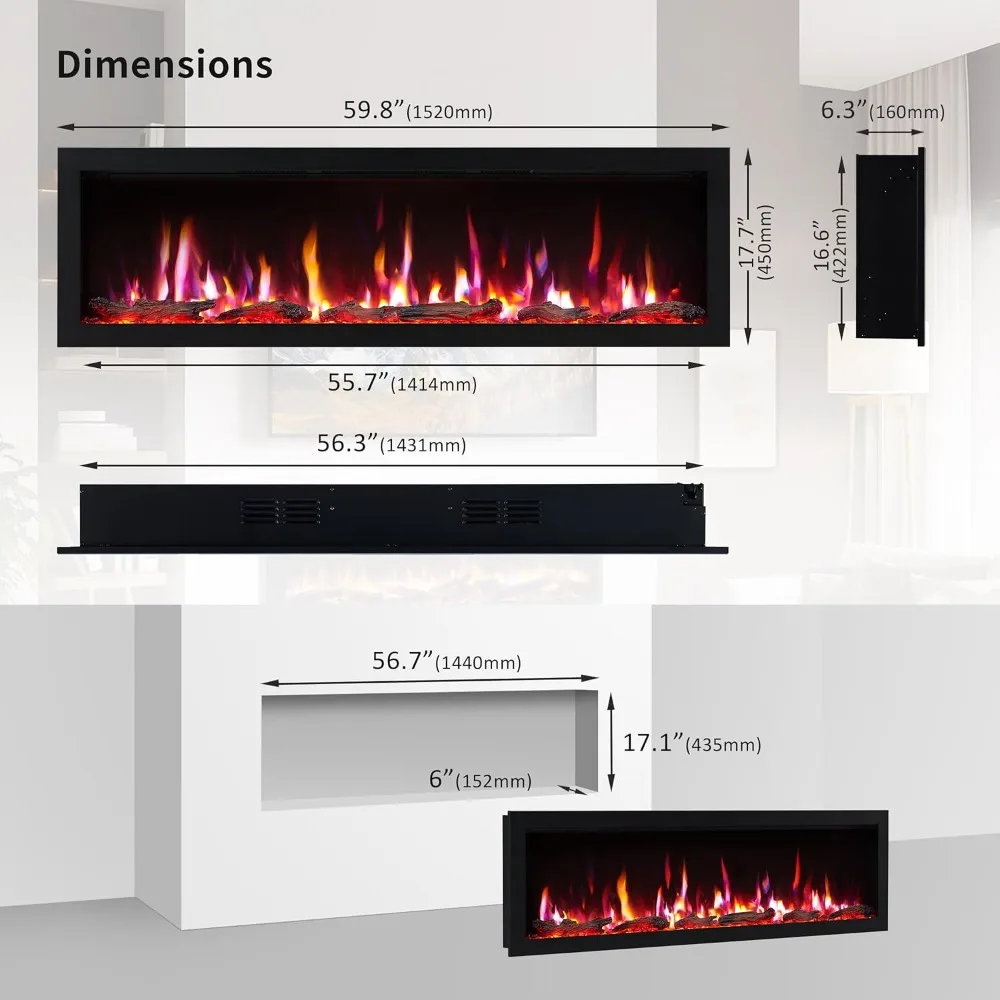 Customized60 Inch Smart Linear Electric Fireplace-Clean Hidden Vent Design,Flame with 9Colors,Recessed in-Wall or Wall-Mount Fre