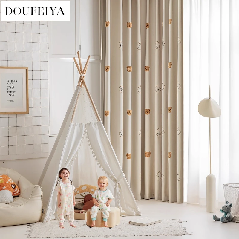 Custom  Size！！ Boy Girl Room Cartoon Cute Embroidered Blackout Thickened Cotton Linen Curtains for Living Dining Room Bedroom