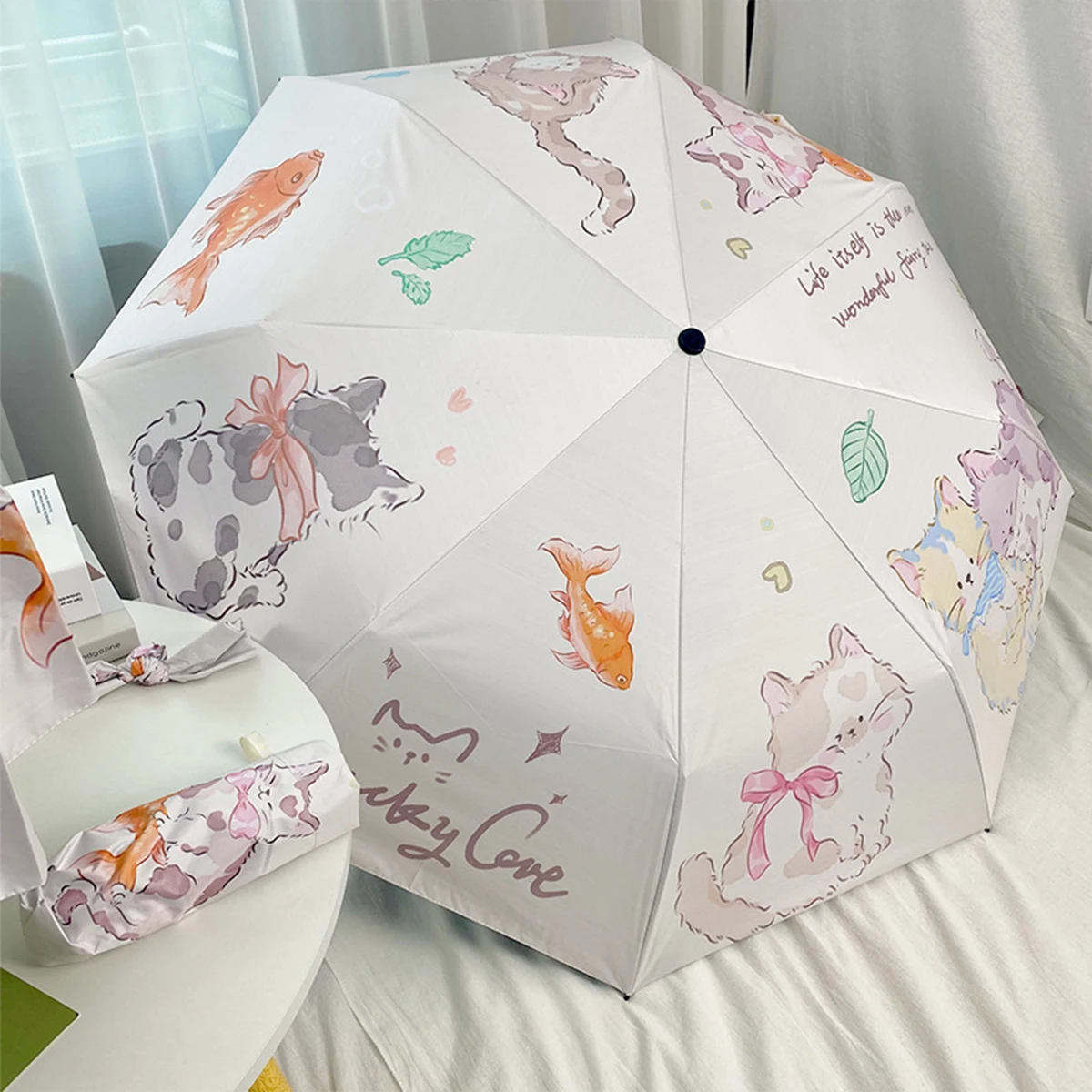 Original Design Cute Goldfish Cat Fully Automatic Folding Umbrella for Women, Rain and Rain Dual use Sun Umbrella