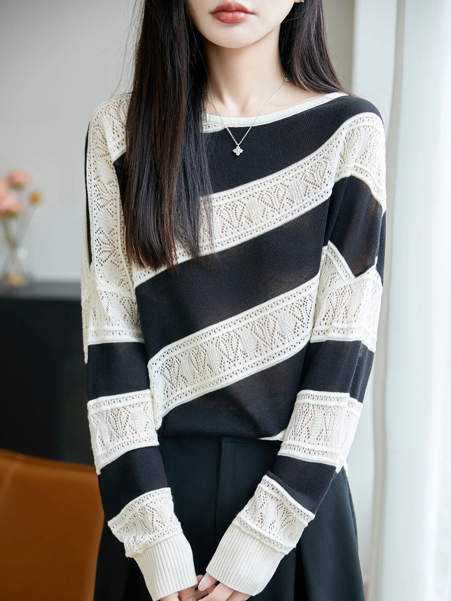 Loose Long Sleeve Women's Knitted Tunic Top Korean Style round Neck Hollow out Silk Linen Lazy Style Early Autumn Base Shirt