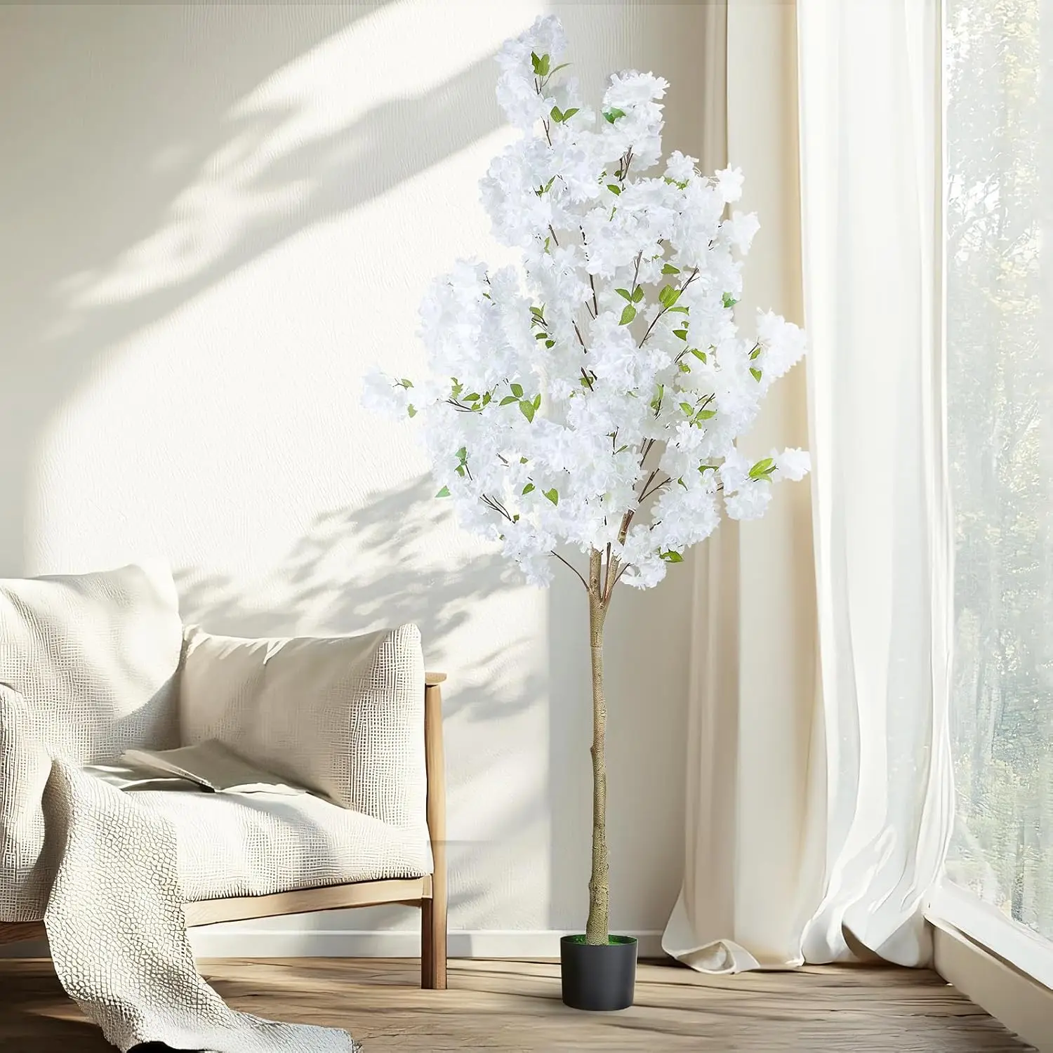 

6Ft Tall White Artificial Cherry Blossom Tree with Plastic Pot for Home Office Decor