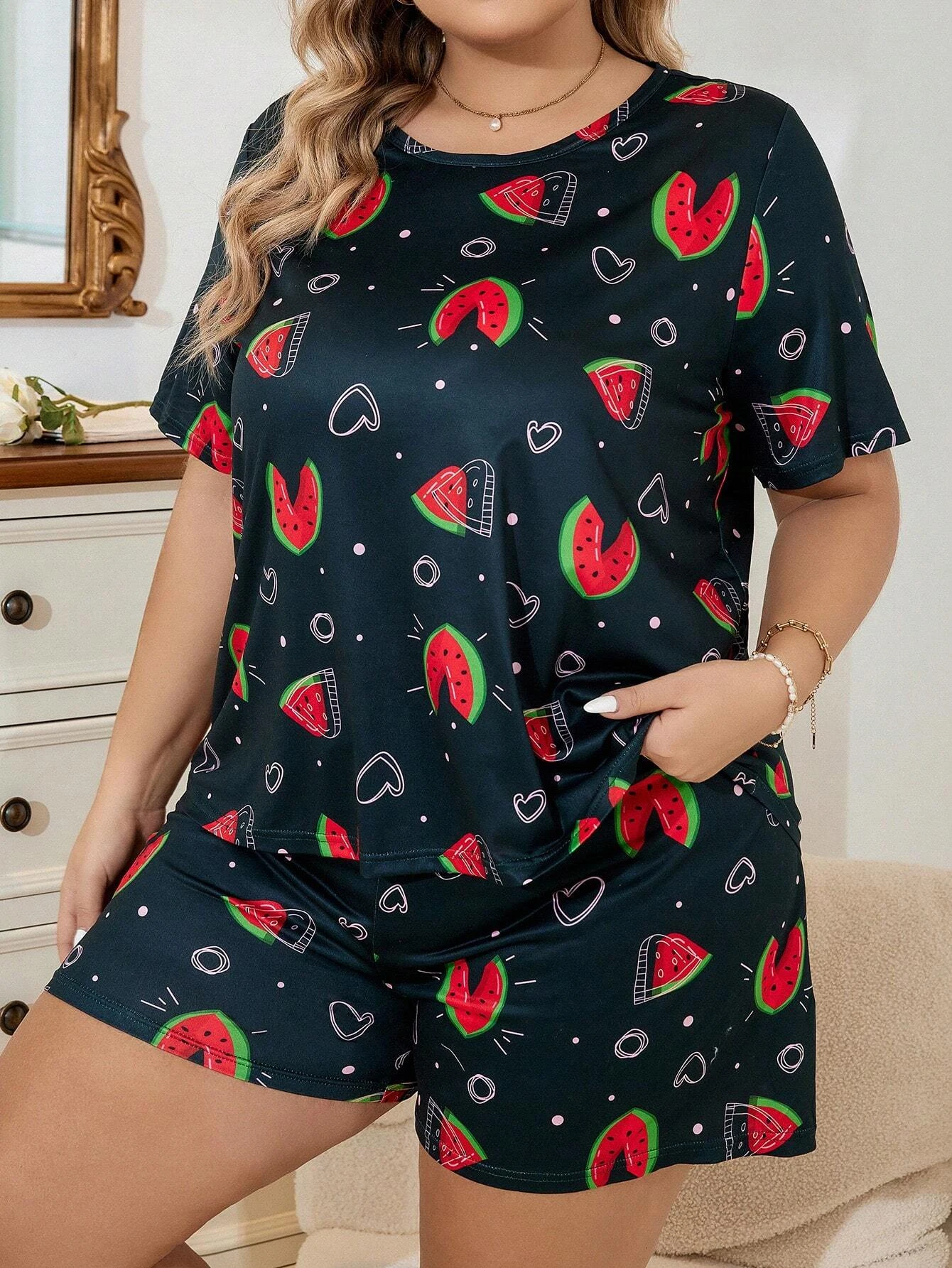 Summer casual watermelon printed short sleeved T-shirt&shorts oversized women\'s pajamas home clothing set