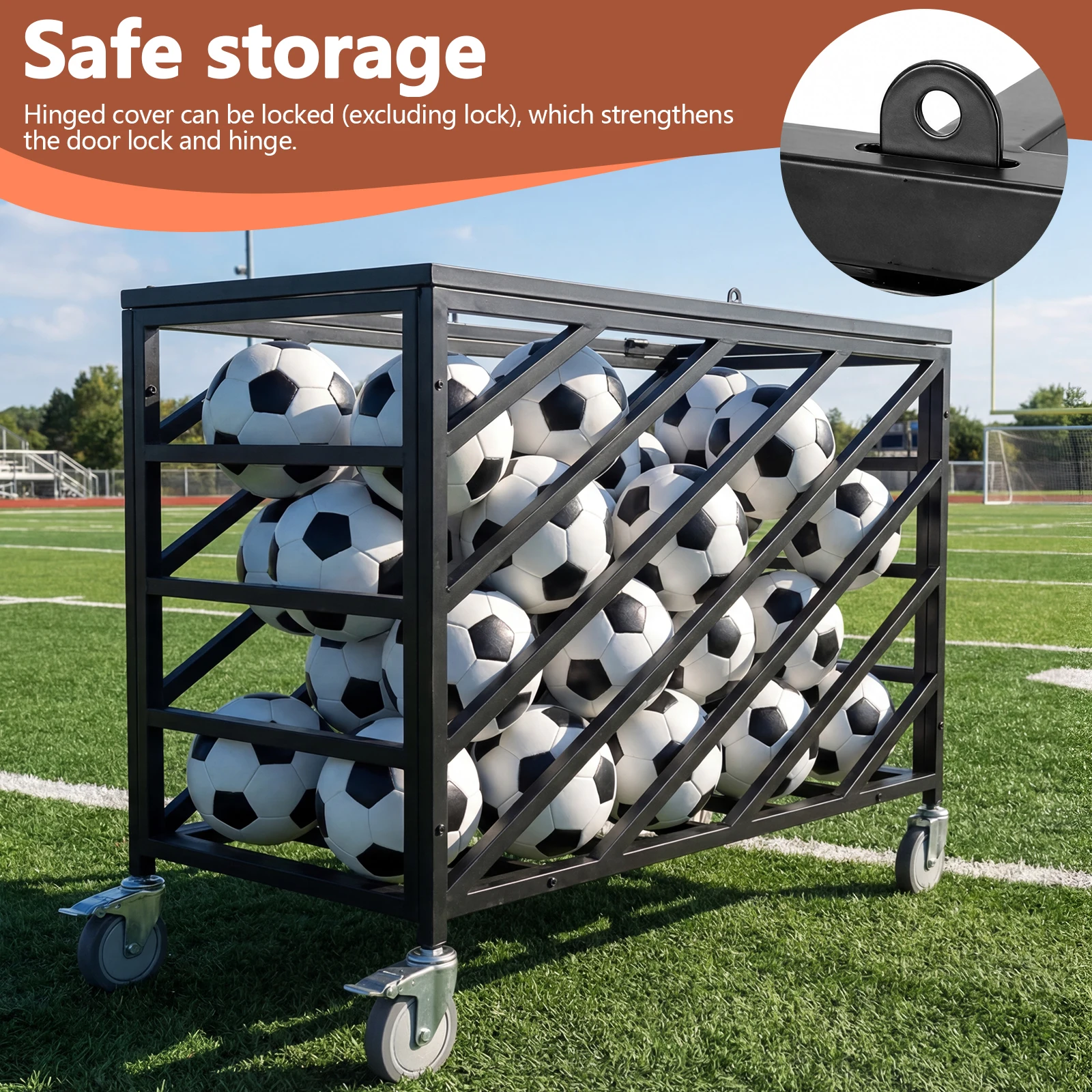 

Ball Storage Cart with Wheels Rolling Exercise Ball Holder with Lockable Lid for Volleyball Gym Recess Soccer Playground