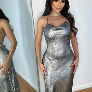 TRAFZA-Uzun Elbise Askısı-Gümüş, Saten, Kadın, Kolsuz, Sırtı açık, ekip Boyun Drapinada, Spagetti Sapanlar Parti Gecesi-Kadın Modası Elbisenin ilk 10 satışı saten ve gümüş 8 numara