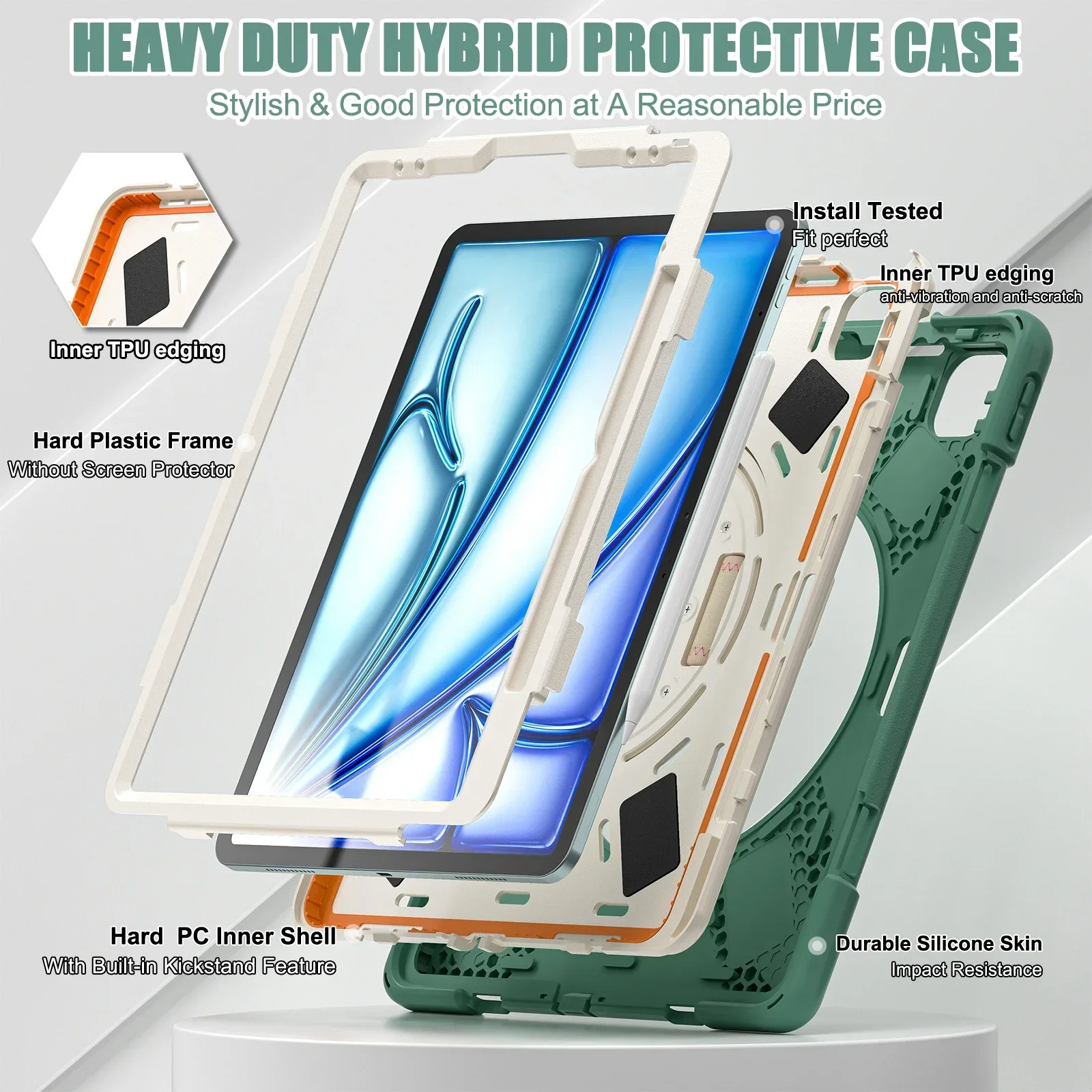 Heavy Duty iPad Case for 2024 iPad Air 13-inch M3 Pro 12.9inch 2022 2021 2020 Shockproof Cover with Shoulder Strap Pencil Holder