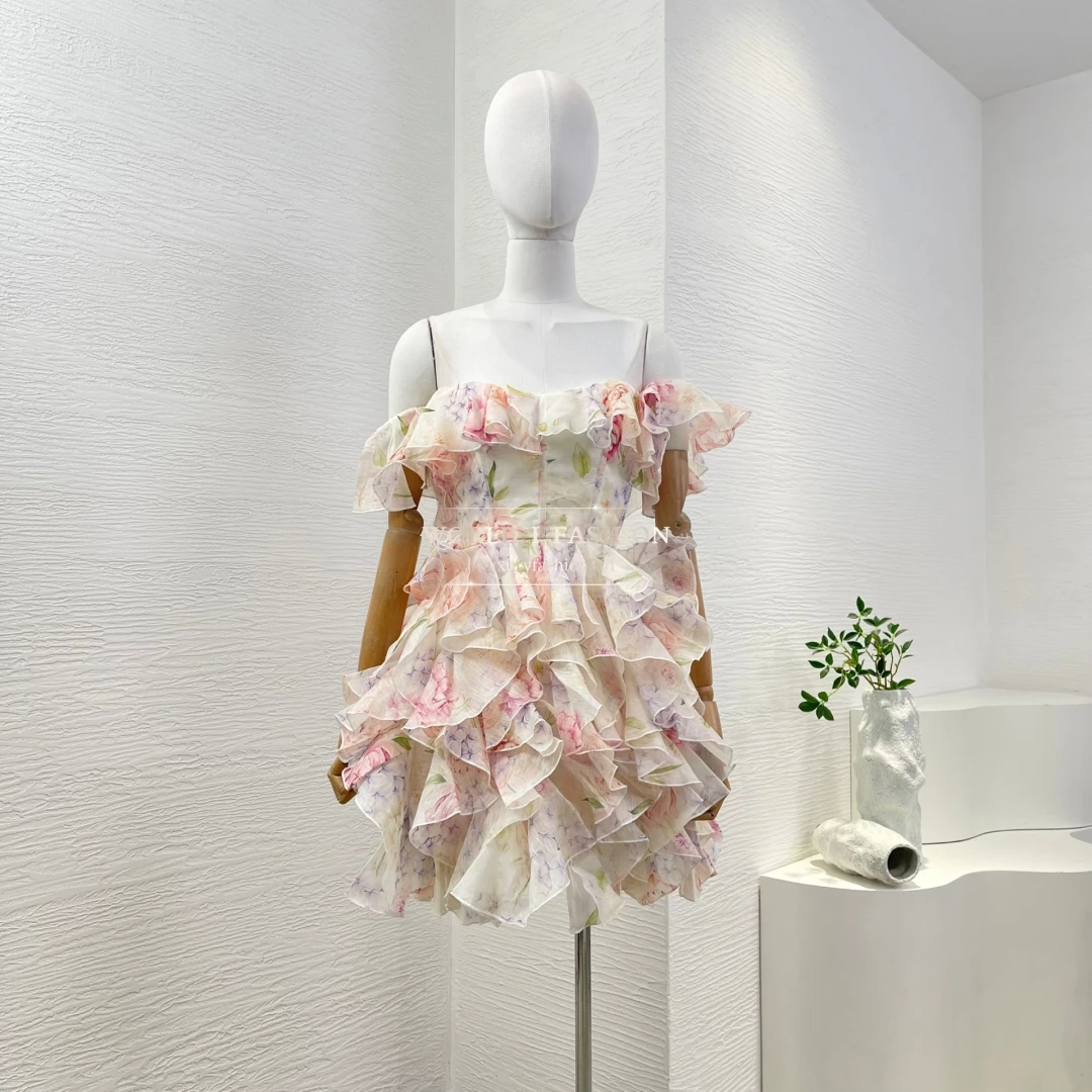 2025 New Hot Linen Collection Violet Purple Flowers Print Short Sleeve Ruffles Hem Mini Dress for Women