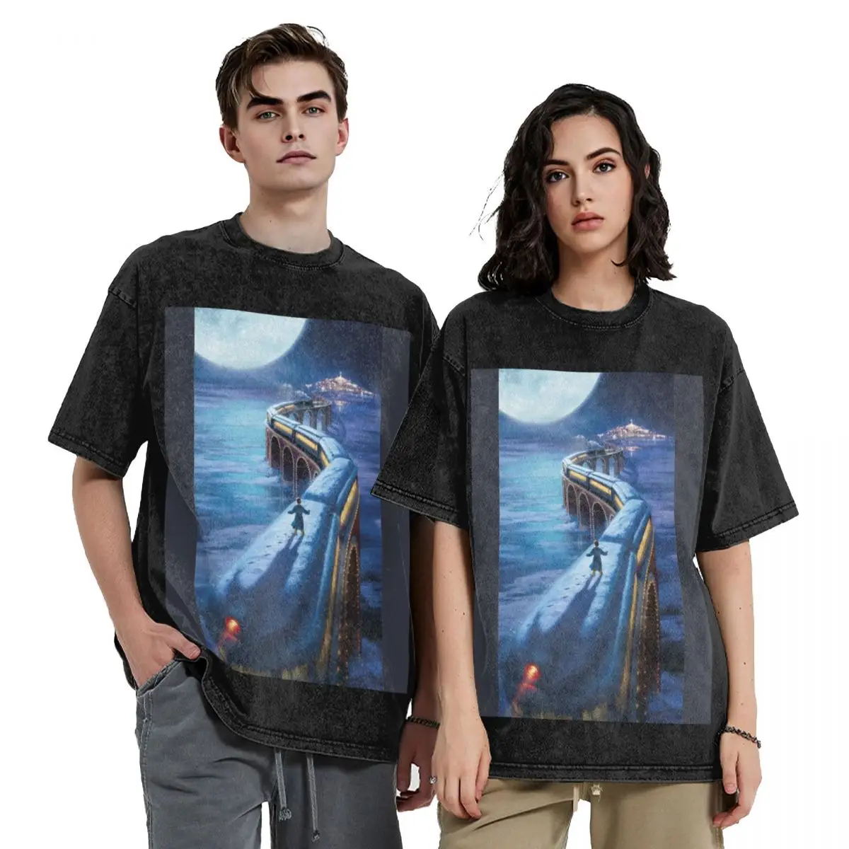 The Polar Express Hip Hop Short Sleeve T-Shirts Washed Tops Tees Streetwear T Shirt Vintage for Men Women