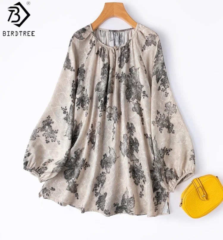 

Birdtree 19MM 100% Mulberry Silk Print Blouse,Women Jacquard Satin Chinese-style Shirt,O-neck Lantern Sleeve Pullover T59506JF