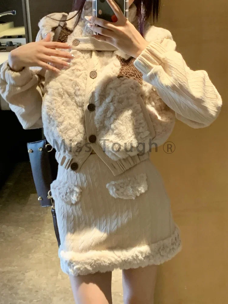 Inverno Patchwork Vintage Fleece Set donna Fluffy Designe gonna causale vestito femminile a-line coreano Sexy Retro due pezzi Set 2023