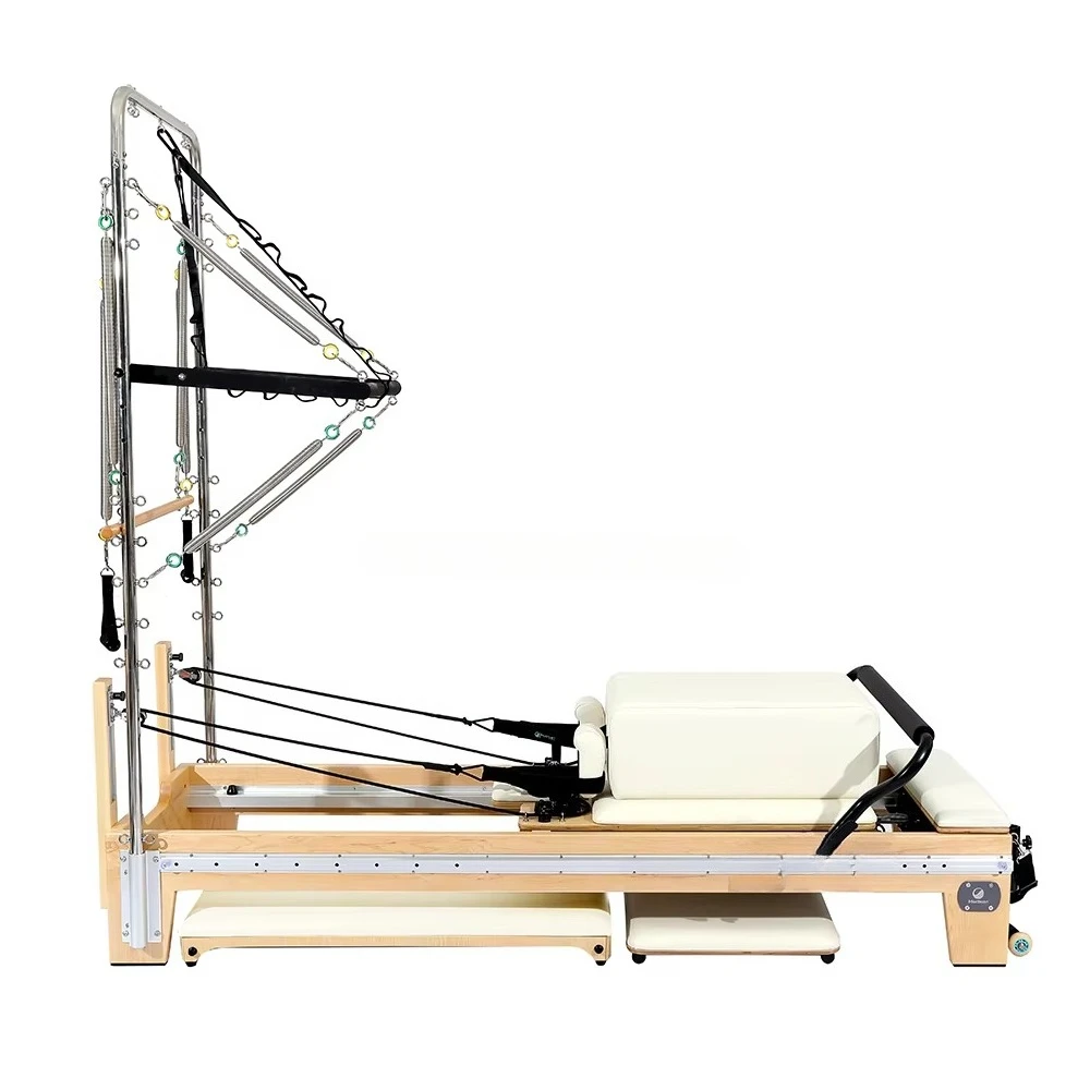 Durable 2-in-1 Pilates Reformer Machine Gym Fitness Equipment with Steel Wood Training Bed and Tower for Pilates Body Exercise