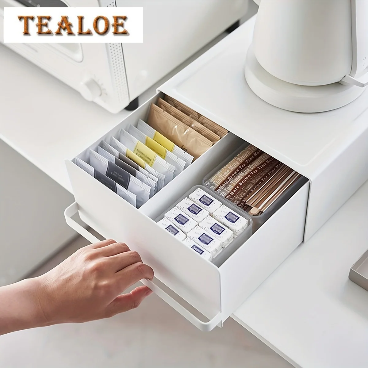 

1pc-Kitchen Countertop Metal Storage Box with Drawer, Divider Tray Organizer for Coffee Machine, Water Dispenser Stand