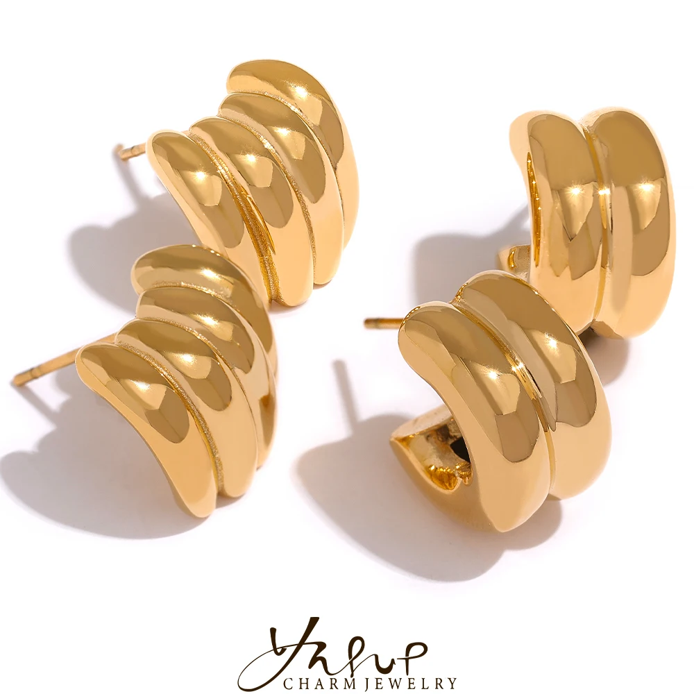 Yhpup paslanmaz çelik Minimalist Metal Punk altın PVD kaplama kalın saplama küpe kadınlar için su geçirmez geometrik moda takı