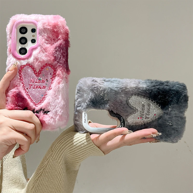 Glitter Luxury Love Plush Warm Embroidery Cover Case For Galaxy S25 S24 Ultra S23 Plus A14 A15 A16 A17 A36 A56 A35 A55 A05S A54