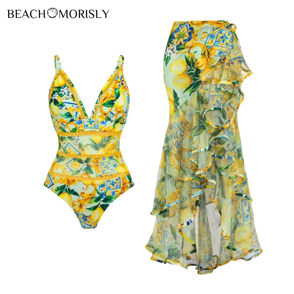 Women Lemon Print  Push Up  padded One Piece Swimsuit and Skirt Swimwear Beachwear Bathing Suit bikini set tankini monokini