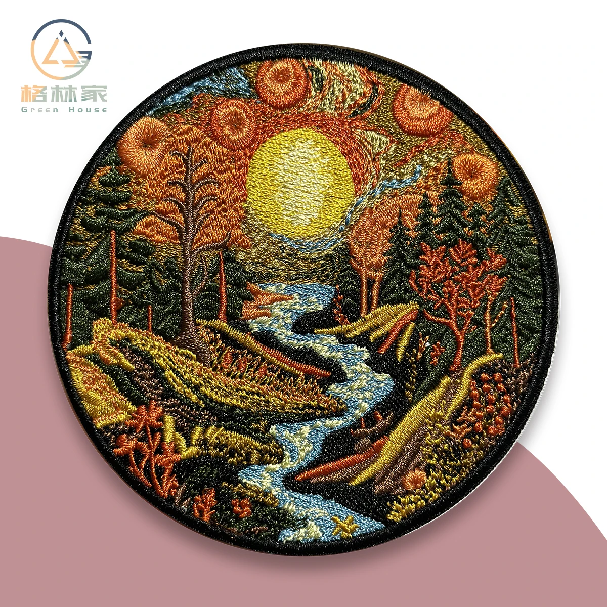 Orange Sunset Landscape Embroidery Patches for Clothing Aesthetic Nature Scenery Creek Maple Leaf Garment Sewing Full Embroidery