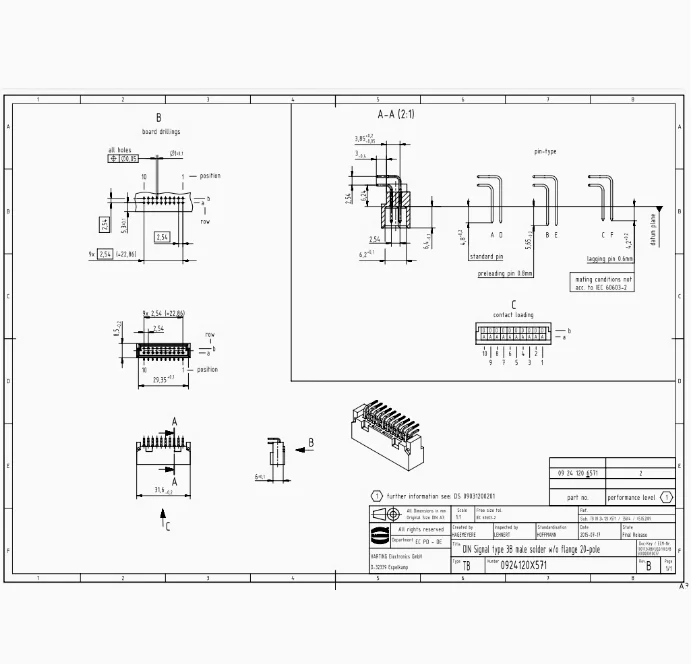 09241206571 HARTING 2A20-pin male connector Wave soldering wiring method Elbow type