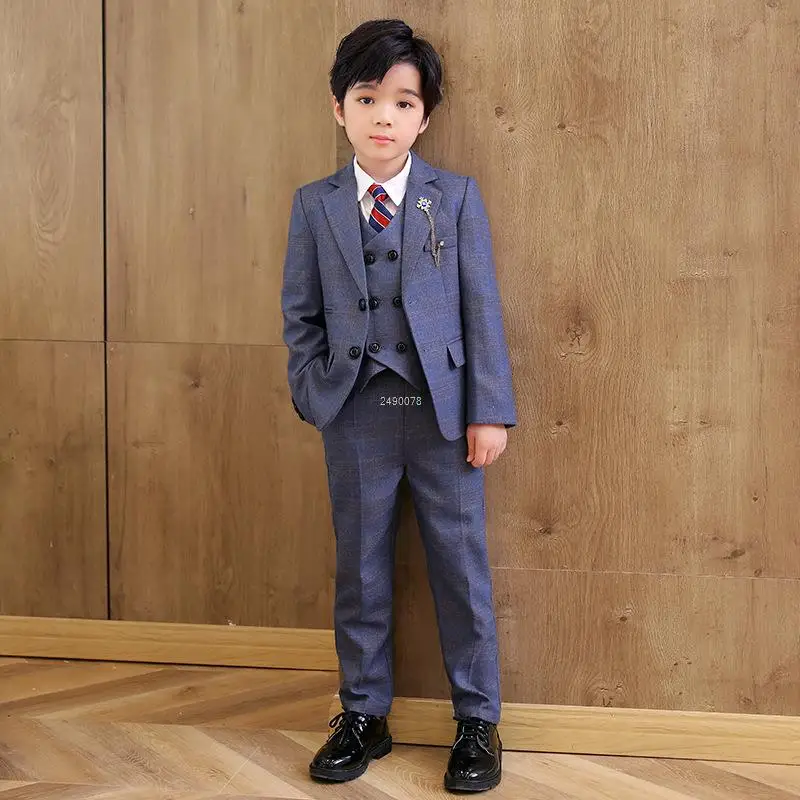 Children Formal Wedding Suit Kids Plaid Jacket Vest Pants Photograph Dress Boys Birthday Tuxedo Suit Children Graduation Costume