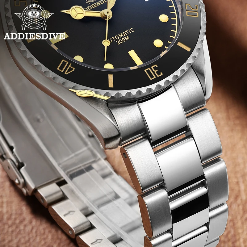 Addiesdive رجال الأعمال ساعات أوتوماتيكية خمر جلدية 200 متر الغوص ساعات آلية فاخرة AD2101 الياقوت المعصم