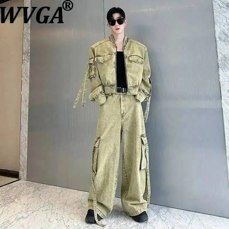 WVGA Spring Summer American Style Heavy Washed Multi-pocket Trendy Denim Jacket Niche Casual Straight Jeans Two-Piece Set W23789