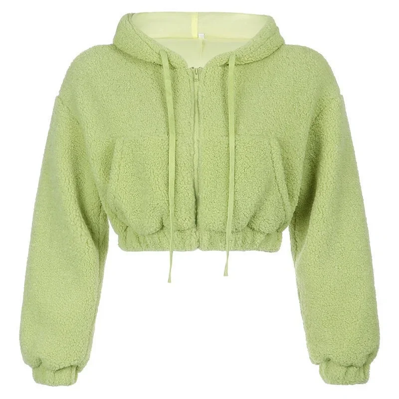 Korean Fashion Lamb Wool Zip Up Solid Short Hoodies Women Sweet Loose Hooded Sweatshirts Long Sleeve Tops Autumn 2025 New