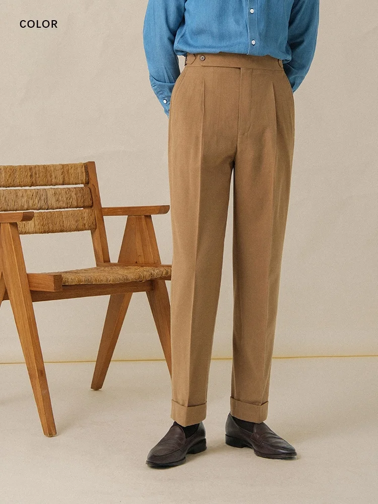 

Thiened 456g Wool Men's Neapolitan Suit Pants Retro Single Pleat Naples Busin Casual Straight Leg Long Trousers