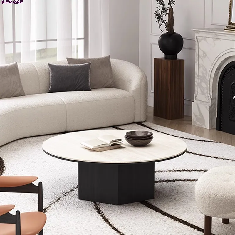 Light luxury new French cream rock slab oval coffee table modern simple living room household small apartment travertine tea
