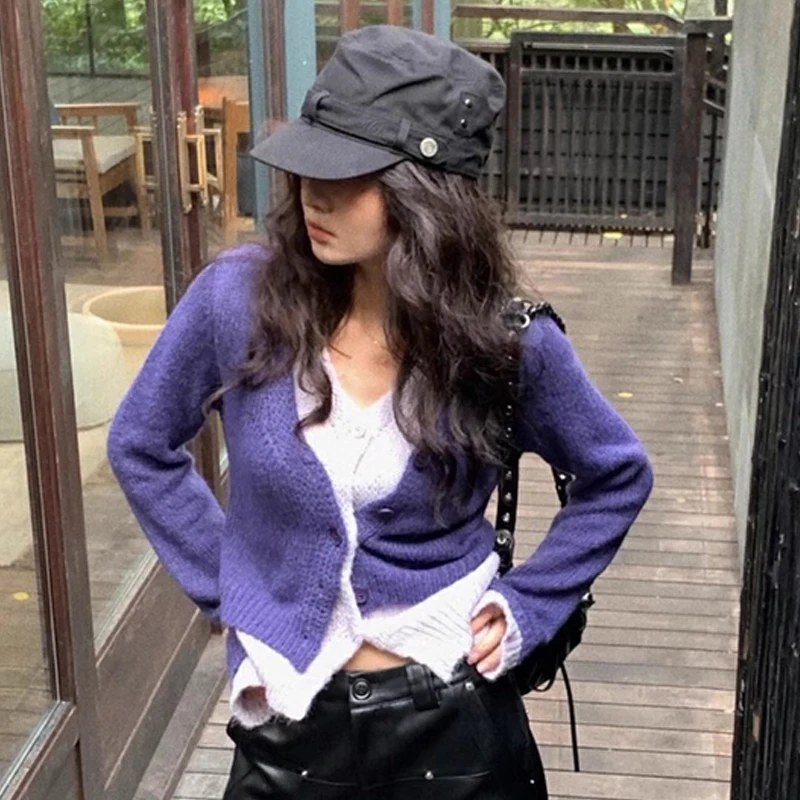 

Women Korean Short Spliced Color Matching Fake Two Piece V-neck Knit Cardigan Spring Autumn Fashion Long Sleeve Casual Sweater