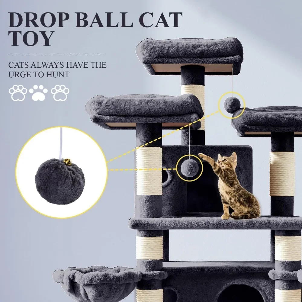 68 Inches Cat Tree House with Condo, Scratching Post,, Multi-Level Towers for Cats - Smokey Grey