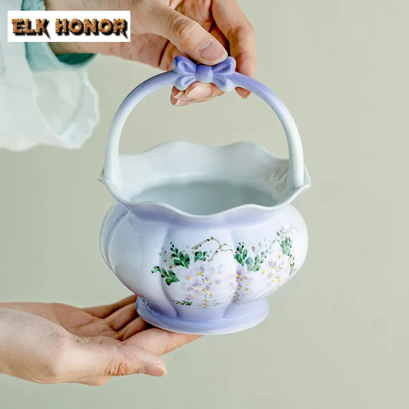 Hand-painted Wisteria Flower Lifting Handle Vase Traditional Cachepot Plant Pot Household Flowerpot Chinese Tea Set Decoration