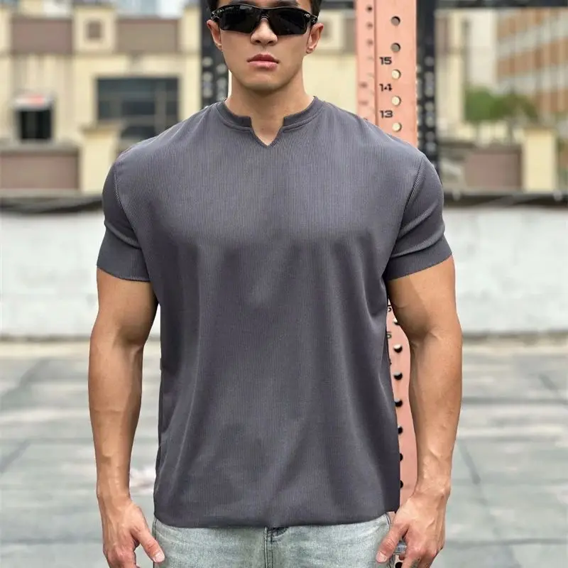 Gym loose men's sportswear V-neck short-sleeved T-shirt top vertical grain solid color casual men's wear