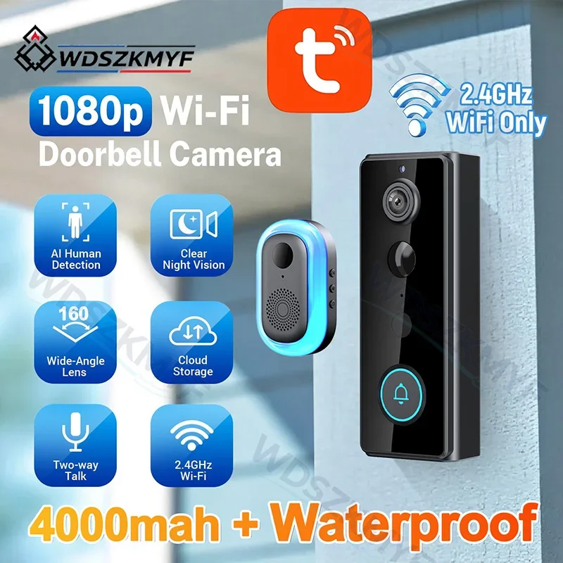 Tuya 2.4G Outdoor Wireless Video Doorbell,IP65 Waterproof, 2MP HD Night Vision, Motion Detection, Free Cloud, 5-6 Months Battery