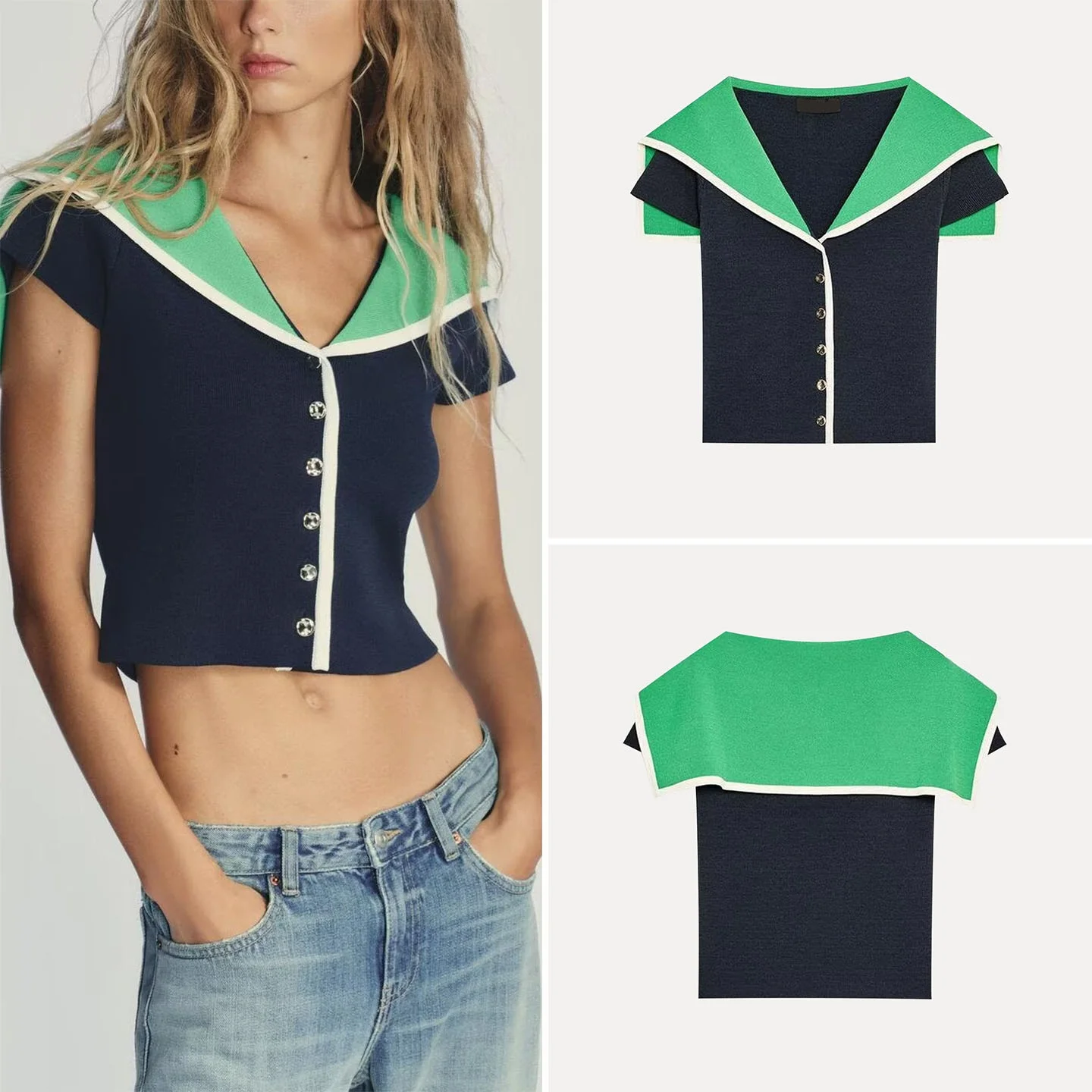 

Z Women's Faion Personali Match Color Knitted irt ort Sve Navy Collar Polyester Fiber Commute Sle 2025 New ...