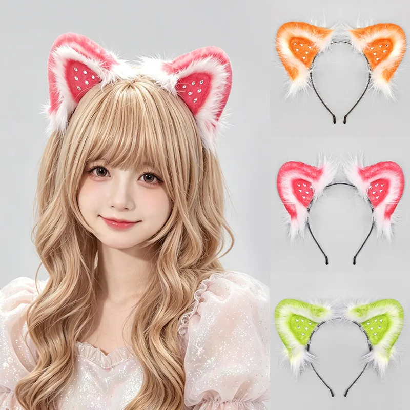 Sweet Strawberry Cat Ear Hairband for Girl Japanese-style Cosplay Headwear Anime Expo Accessory Animal Ear Headband