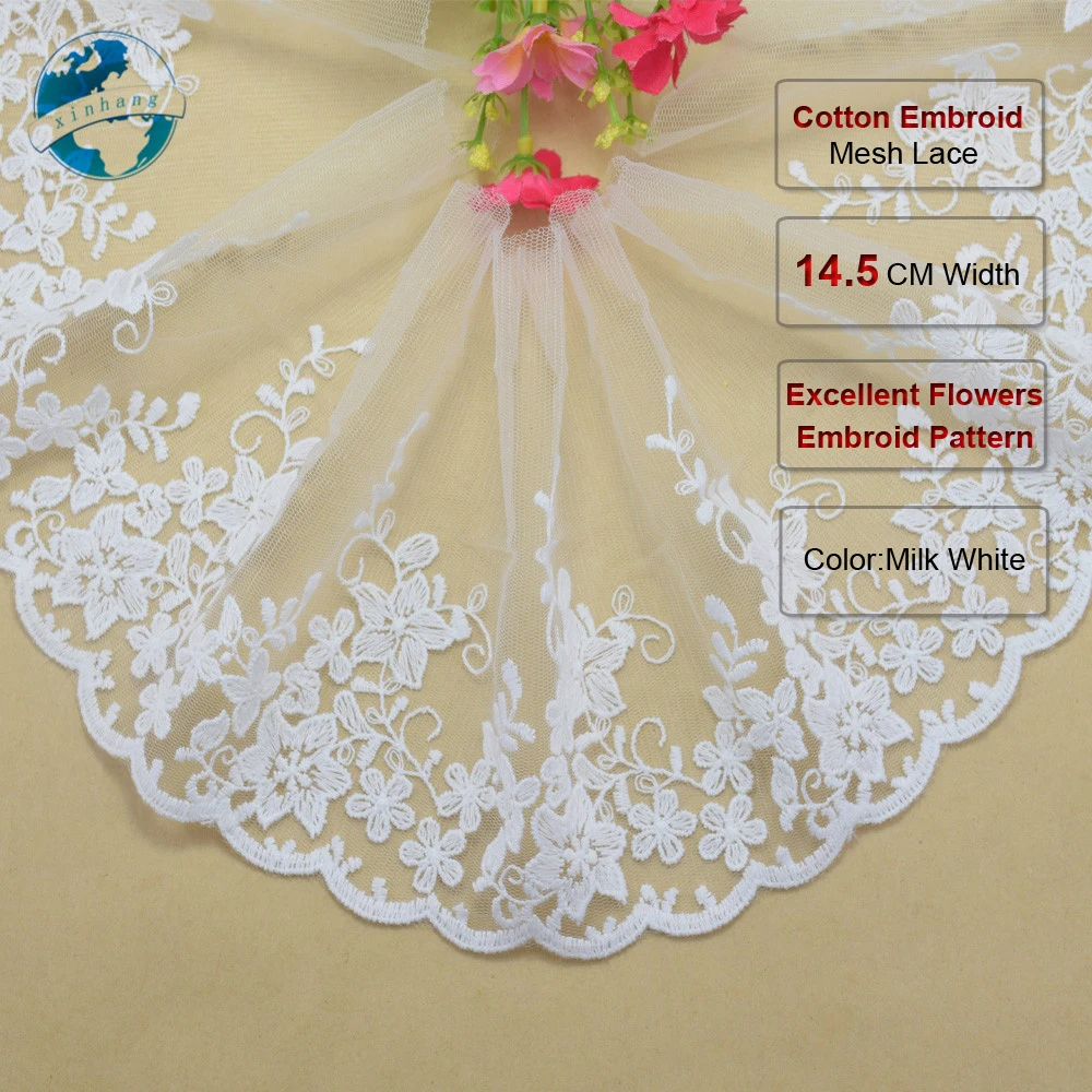 14.5cm White Cotton Embroidery Sewing Ribbon Lace Fabric Womens dresses Trim Knitwear diy Wedding Dress Garment Accessories#3006