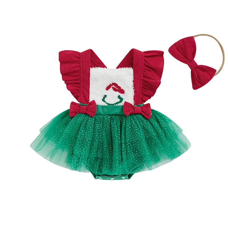 

Baby Girl Christmas Outfit Fly Sleeve Contrast Color Patchwork Romper Dress with Bow Hairband