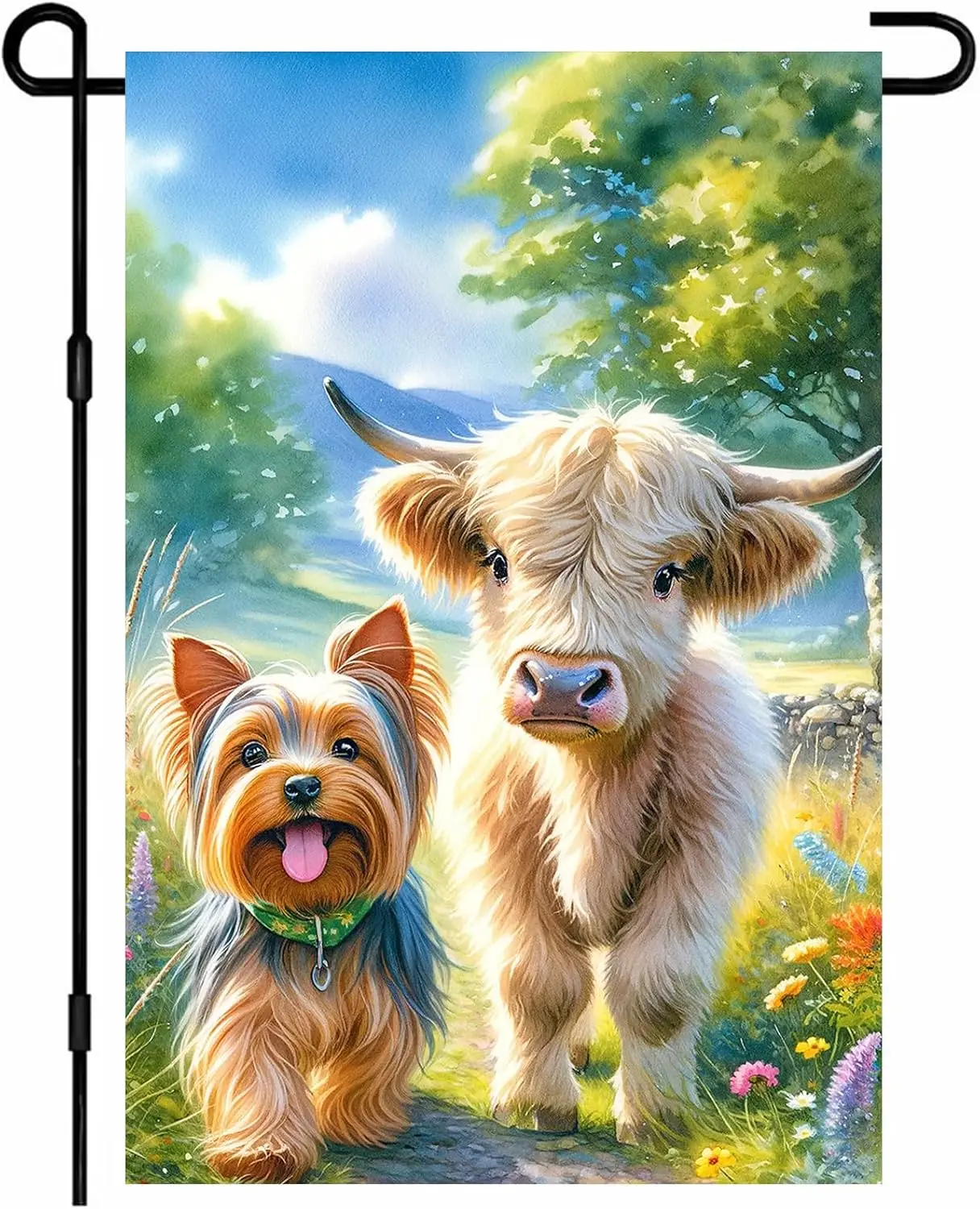 IVN Yorkshire Terrier Dog Spring Garden Flag 12x18 Inch Adorable Yorkie White Highland Cow Scottish Cattle Pasture Trail Cou PPM