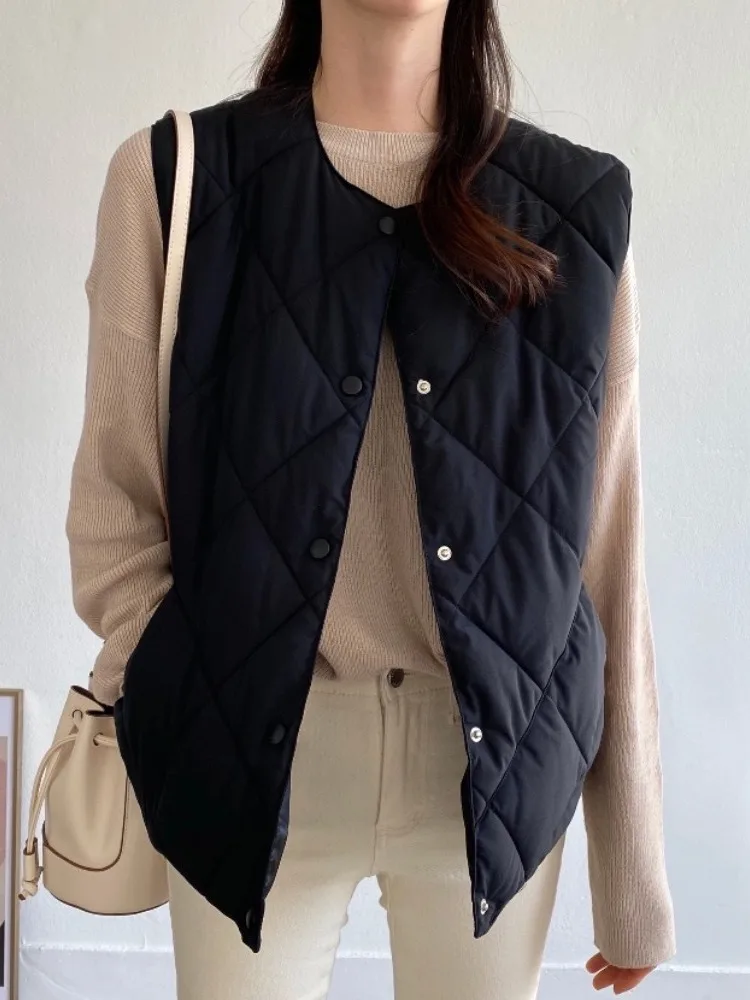 

Chic Vintage round Ne Single Button Quilted Cotton Vest Women's Warmth Clothing Versatile Loose Fit Diamond Patterned