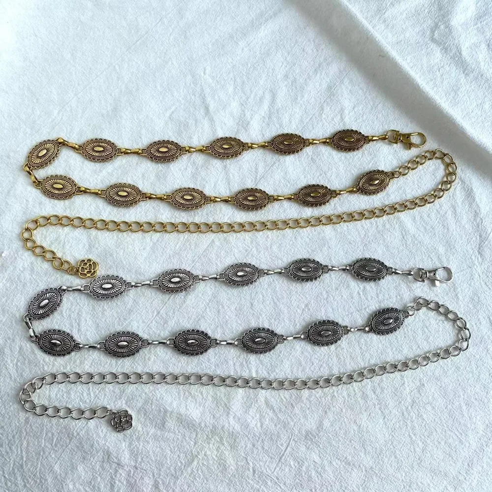 Lightweight Metal Women's Waist Chain Gold/Silver Durable Retro Waist Chain Adjustable Carved Chain Belt