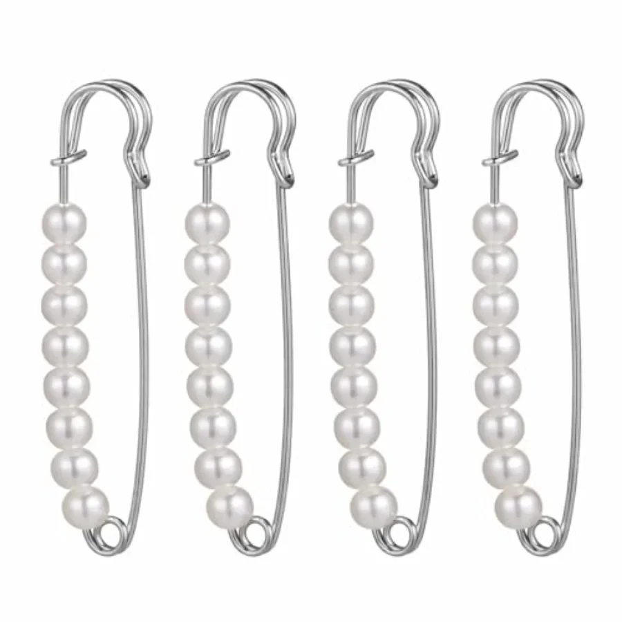 

4PCS Pearl Brooch Pins for Women, Silver Decorative Safety Pins for Clothes Hijab Sweater Scarf Hat and Bag Accessories, Elegan