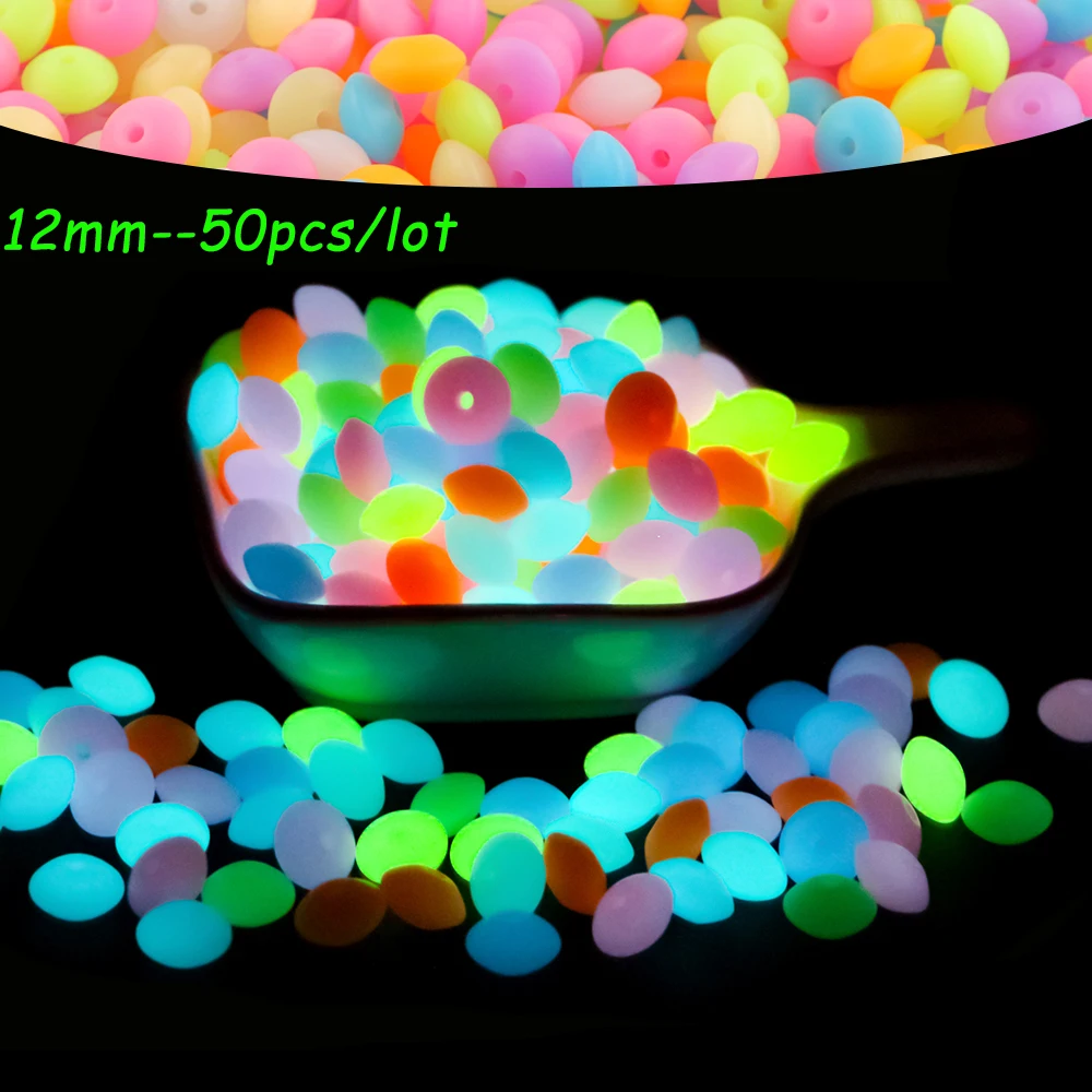 50Pcs 12MM Luminous Silicone Lentil Beads Glow In The Dark Loose Spacer Bead DIY Bracelet Necklace For Jewelry Making